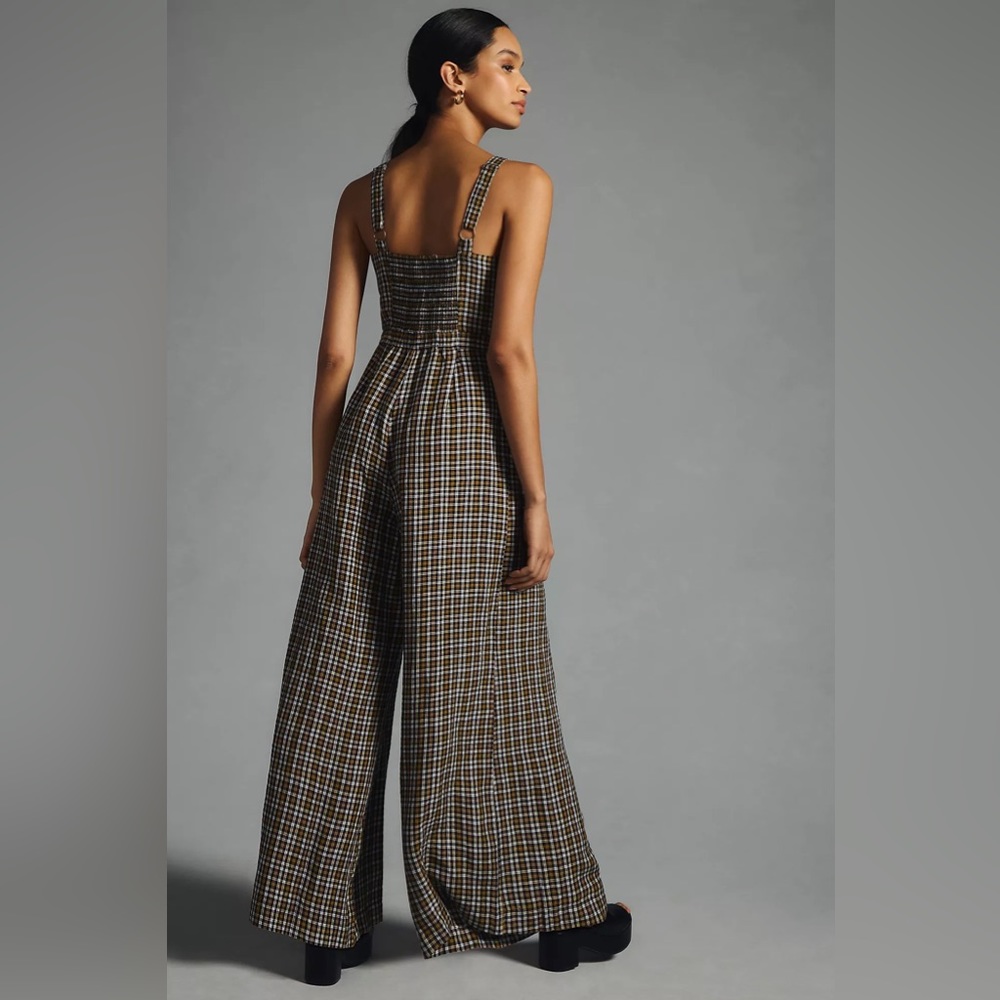 Anthropology Plaid Embroidered Jumpsuit